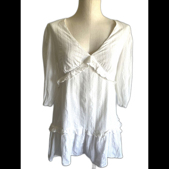 LUSH White V-Neck Ruffle Top Keyhole Tie Back Lined Cotton Small - Picture 1 of 12